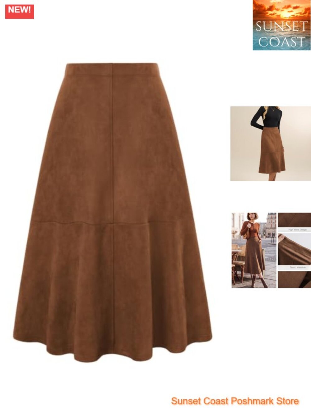 Faux Suede High Waist A-Line Midi Skirt Fall Winter Casual